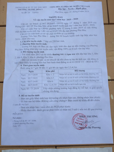 Kế hoạch tuyển sinh lớp 1 năm học 2019-2020