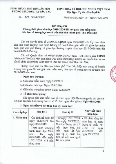 Khung thời gian năm học 2019-2020