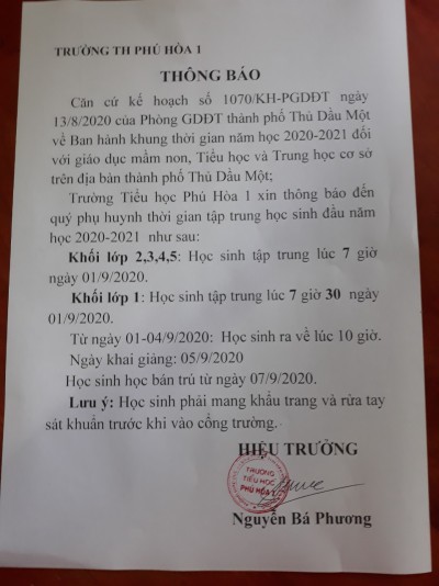 Thời gian học sinh tập trung đầu năm học 2020-2021