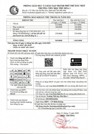 Thông báo khoản thu tháng 01 năm 2021