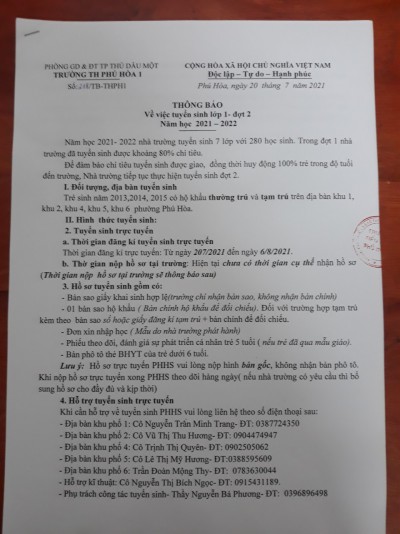 Thông báo tuyển sinh lớp 1 đợt 2 năm học 2021-2022