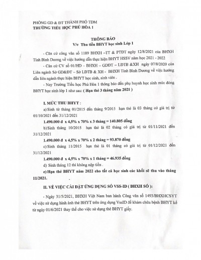 Thu tiền BHYT học sinh lớp 1