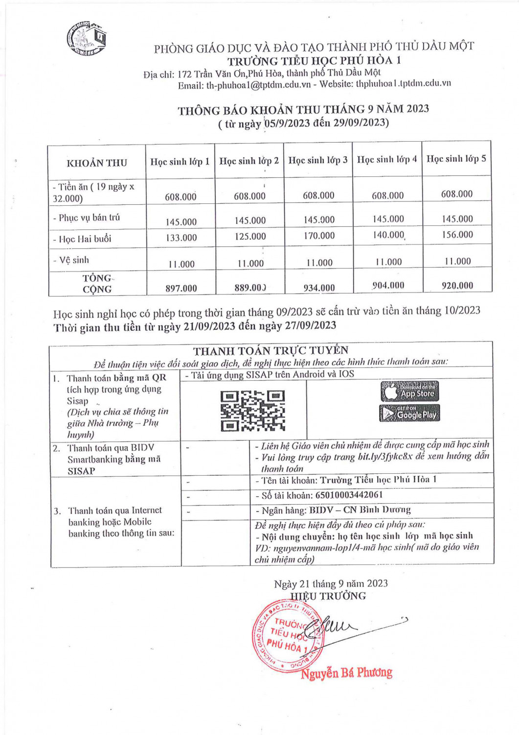 Thông báo thu tiền T9 2023