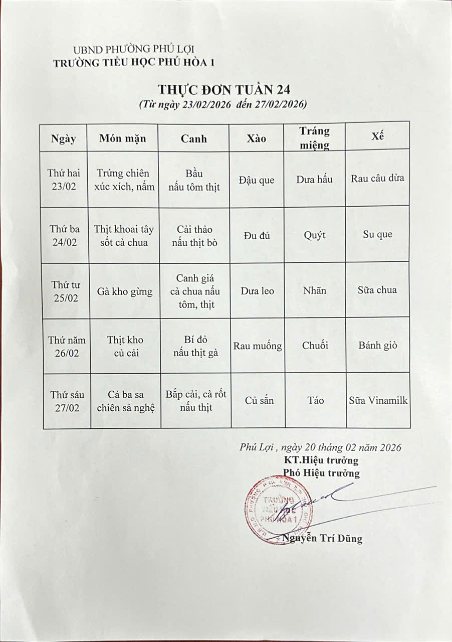 Thực đơn tuần 24 năm học 2025-2026
