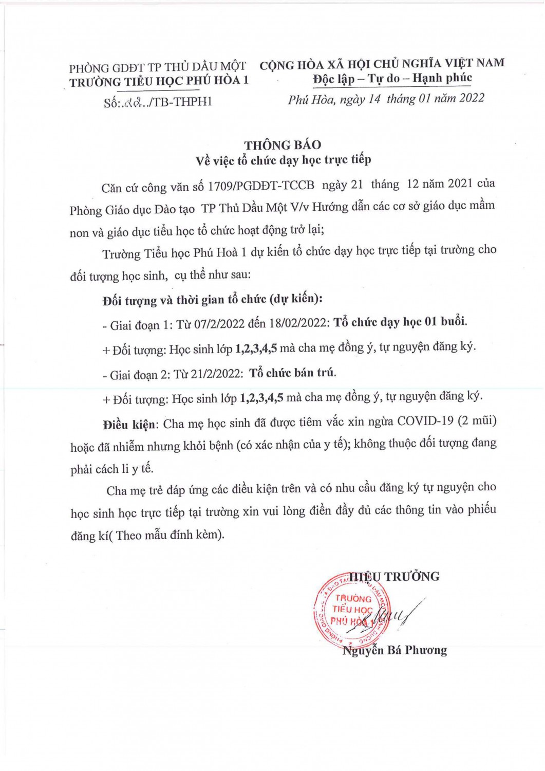 Thông báo về việc dạy học trực tiếp